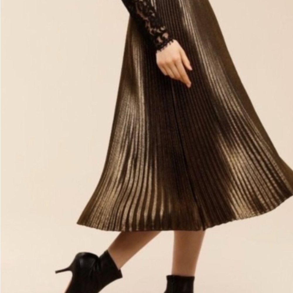 Babaton Metallic Bronze Pleated Midi Skirt